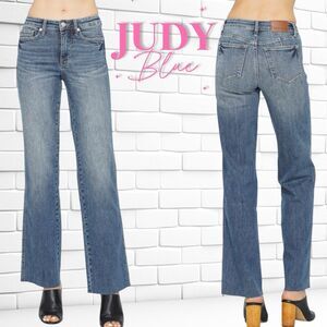 Judy Blue Tummy Control Straight Jeans with Raw Hem Medium Wash NWT